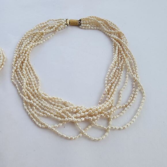 Genuine rice Pearl 10 strand Choker Necklace & Bracelet Set Vintage Old Money - Picture 3 of 9